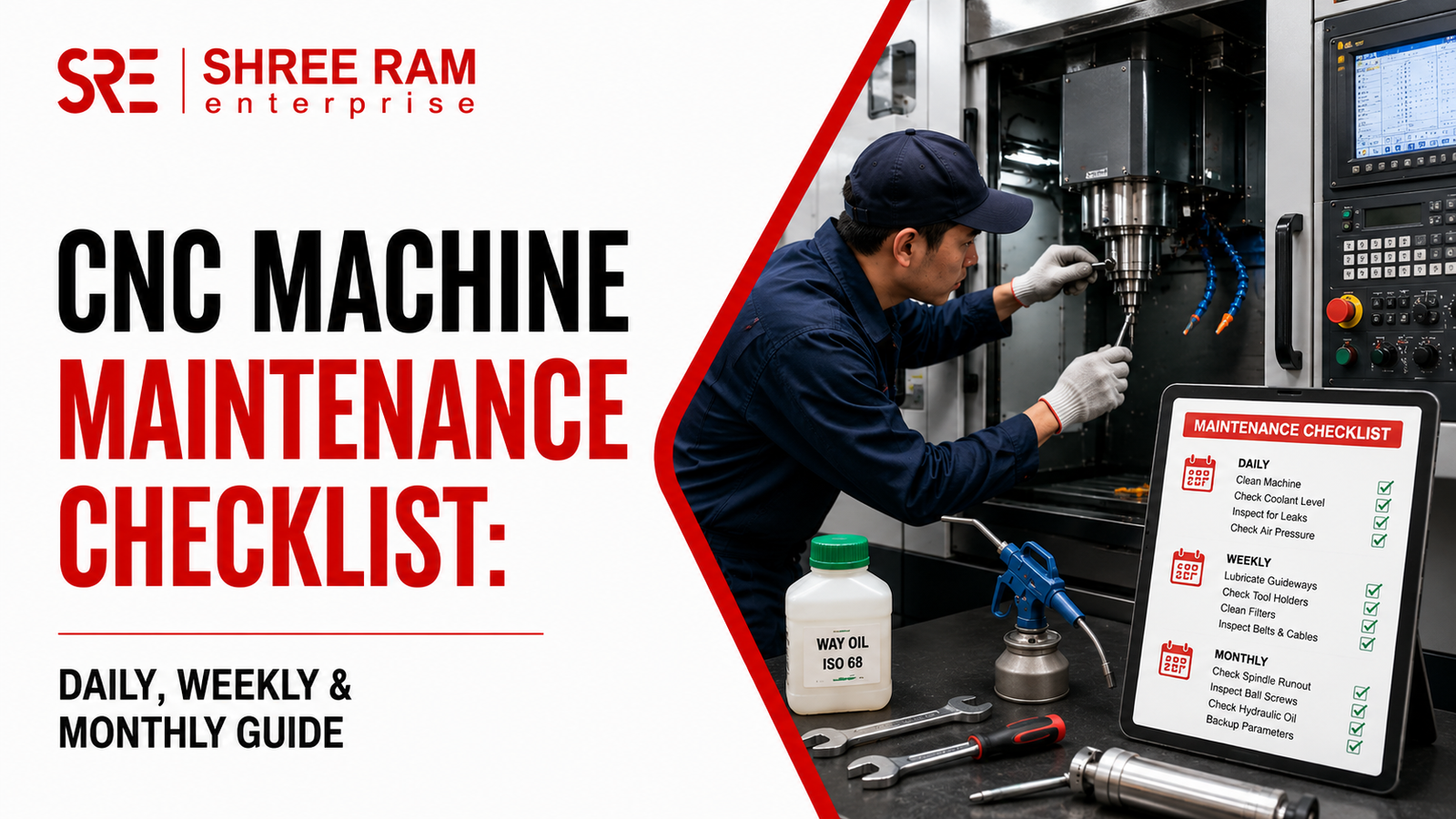 Technician performing preventive maintenance on a CNC machining center