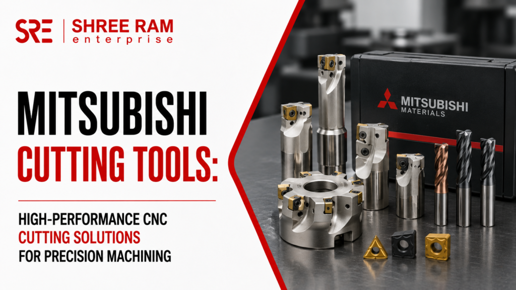 Mitsubishi carbide cutting tool performing precision CNC machining on a metal component