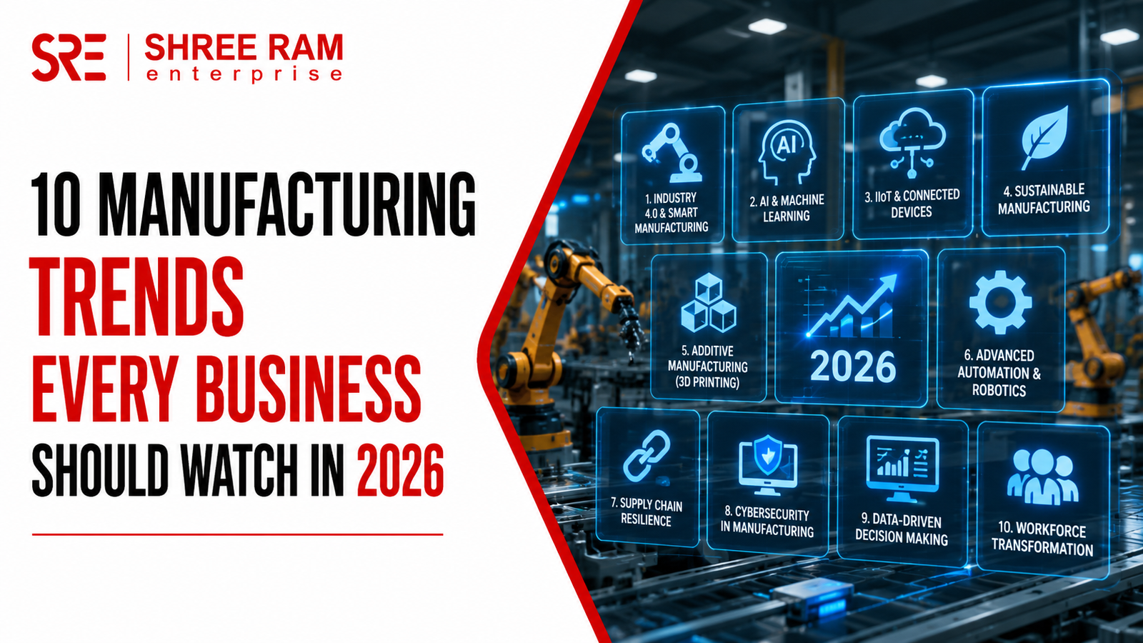 Modern smart manufacturing facility using automation, robotics, IoT, and AI-powered production systems.
